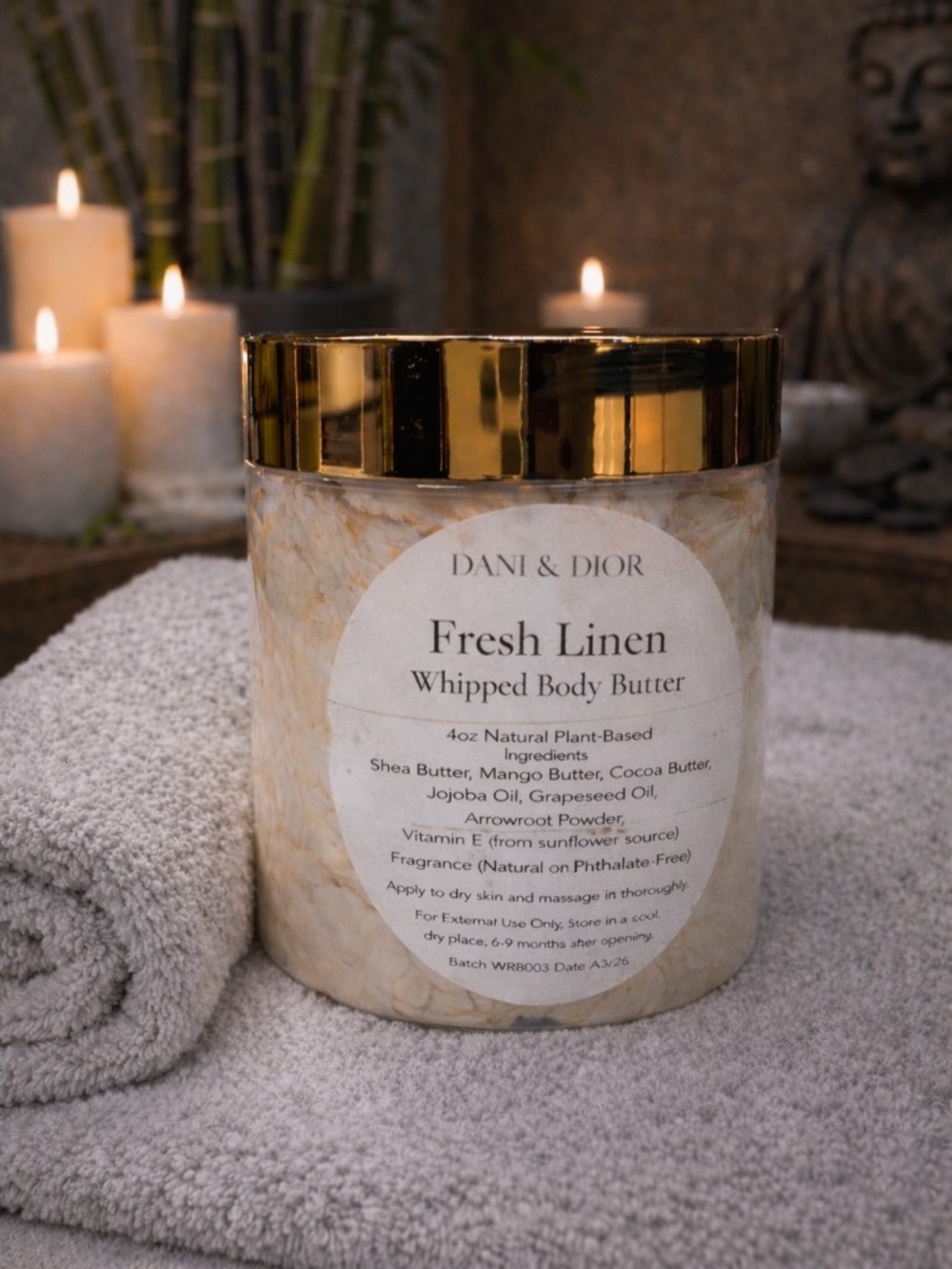 4oz Fresh Linen Whipped Body Butter gold black or white jar top